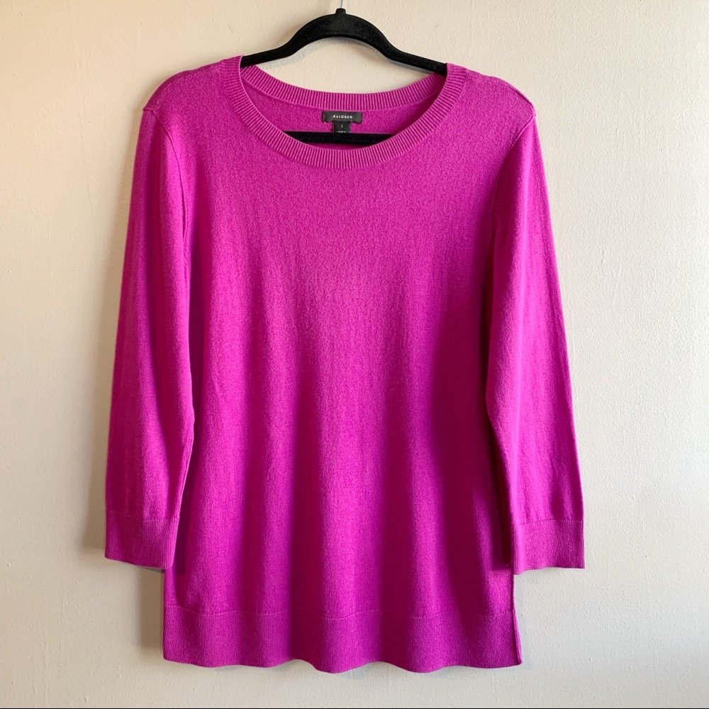 Halogen Nordstrom Fuchsia Purple Cotton Blend Round Neck 3/4 Sleeve Blouse L